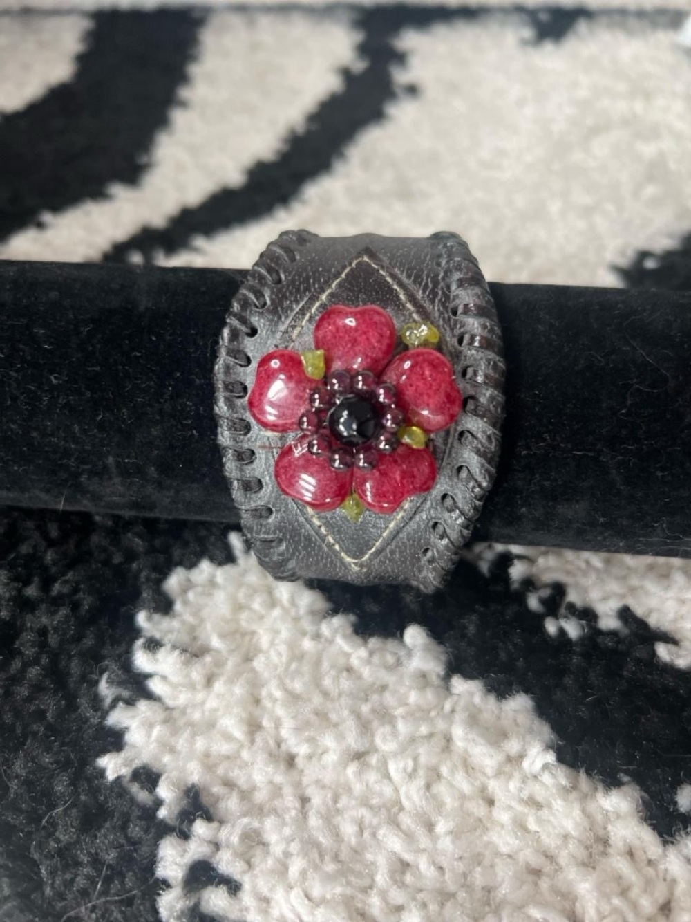 Handcrafted Black Leather Cuff Bracelet with Red Flower stones Accent